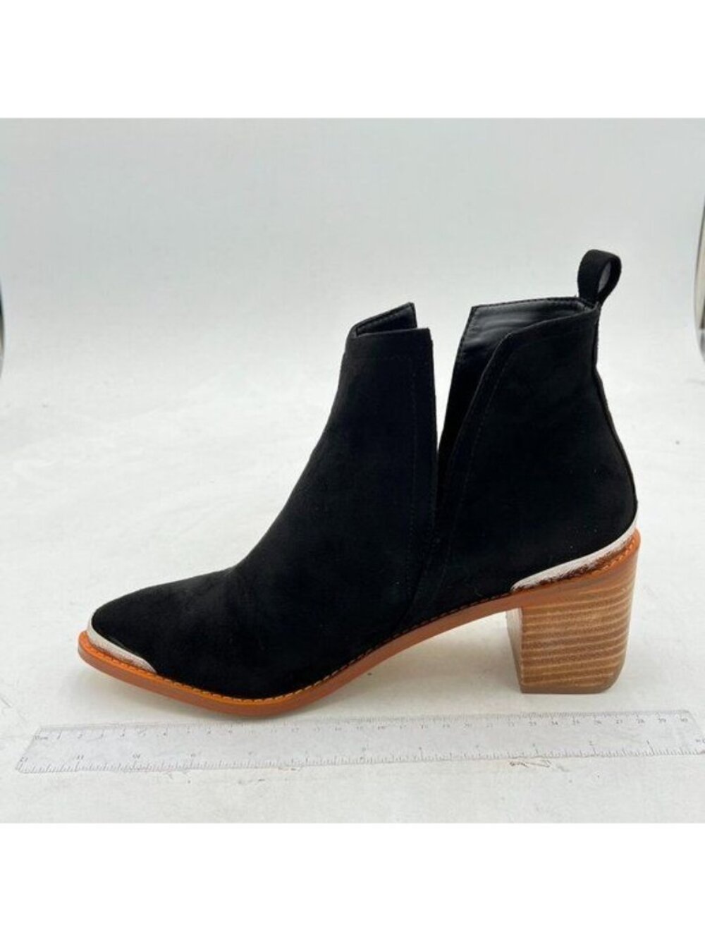 YDN Black Low Heeled Ankle Boots Faux Suede  Booties Cutout with Metal Toe Shoes